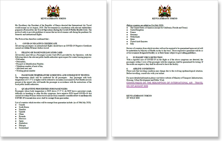 Conditions for Air Travel to Kenya during the COVID-19 Public health Crisis